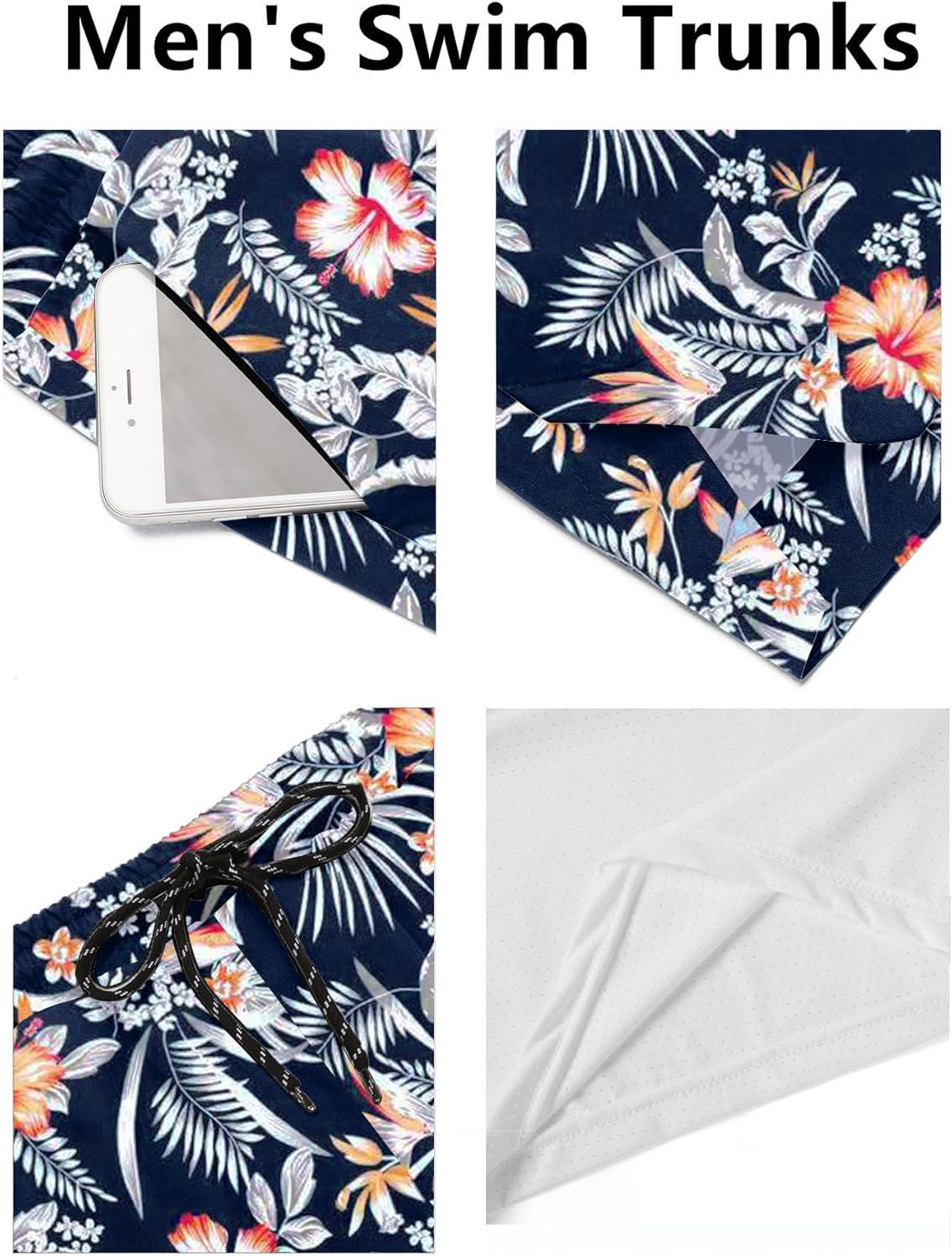 imageCOOFANDY Men Swim Trunk with Compression Liner 2 in 1 Swimwear Bathing Suit Quick Dry Board ShortPrint Navy Blue Flowers