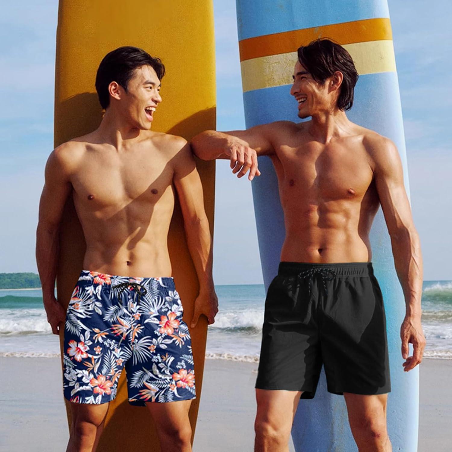 imageCOOFANDY Men Swim Trunk with Compression Liner 2 in 1 Swimwear Bathing Suit Quick Dry Board ShortPrint Navy Blue Flowers