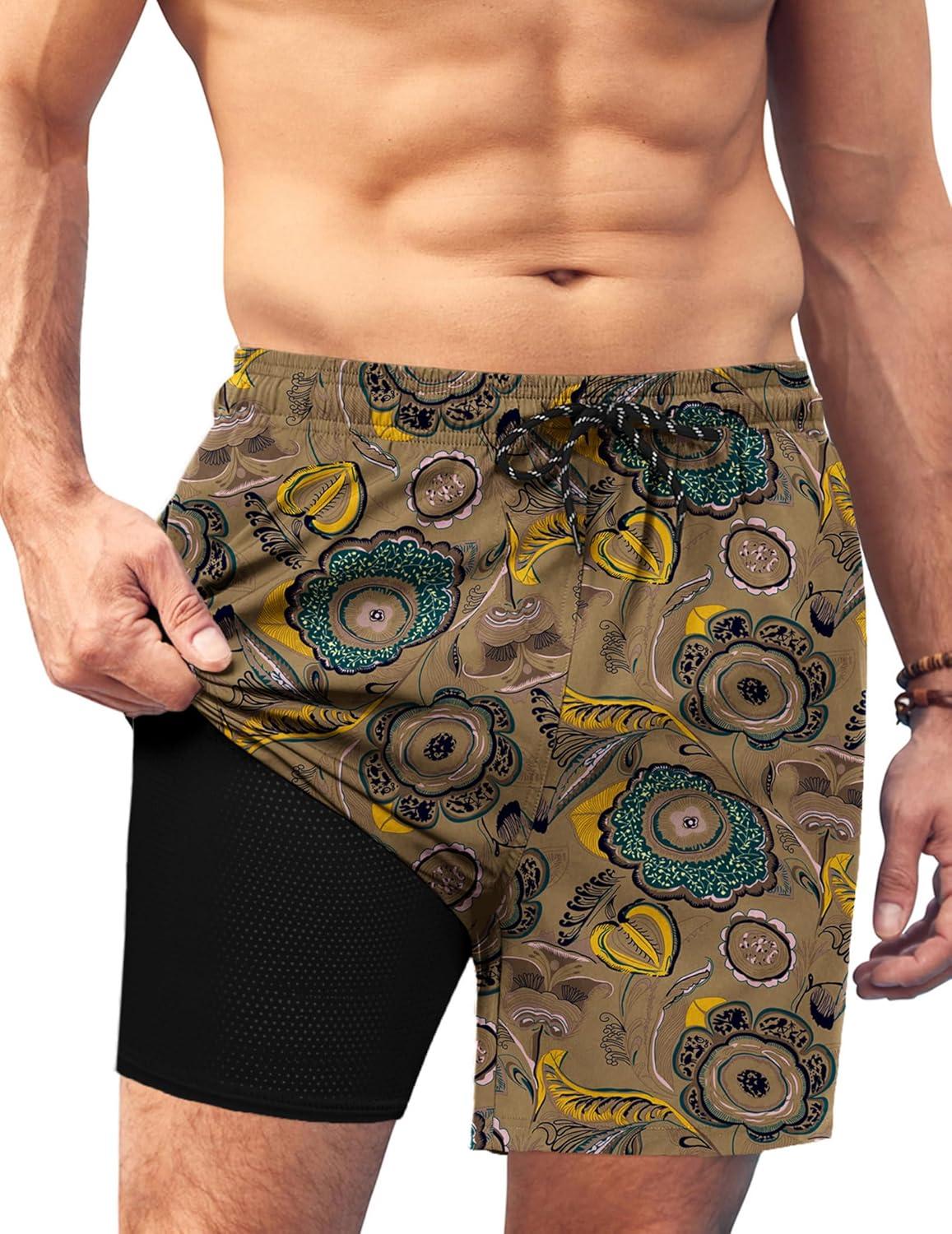 imageCOOFANDY Men Swim Trunk with Compression Liner 2 in 1 Swimwear Bathing Suit Quick Dry Board ShortPrint Painted Floral