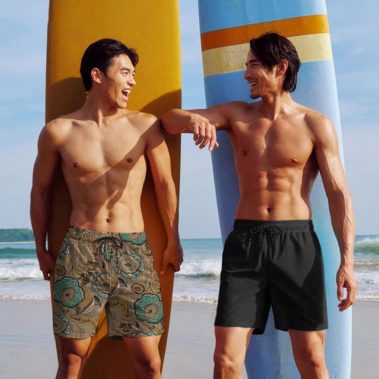 imageCOOFANDY Men Swim Trunk with Compression Liner 2 in 1 Swimwear Bathing Suit Quick Dry Board ShortPrint Painted Floral