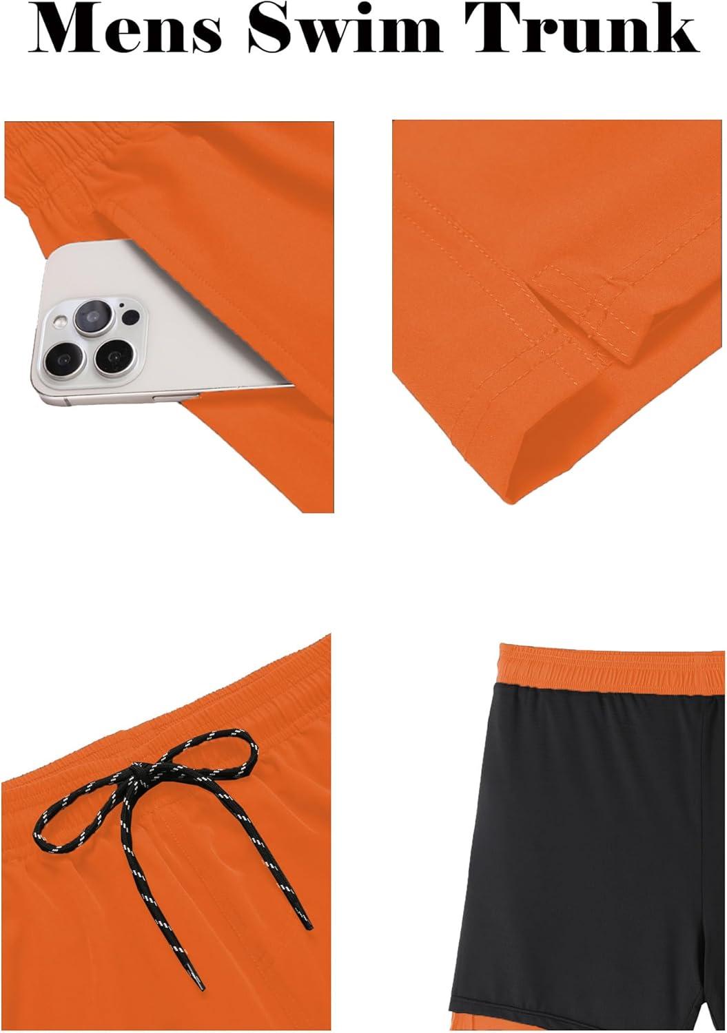 imageCOOFANDY Men Swim Trunk with Compression Liner 2 in 1 Swimwear Bathing Suit Quick Dry Board ShortRed Orange