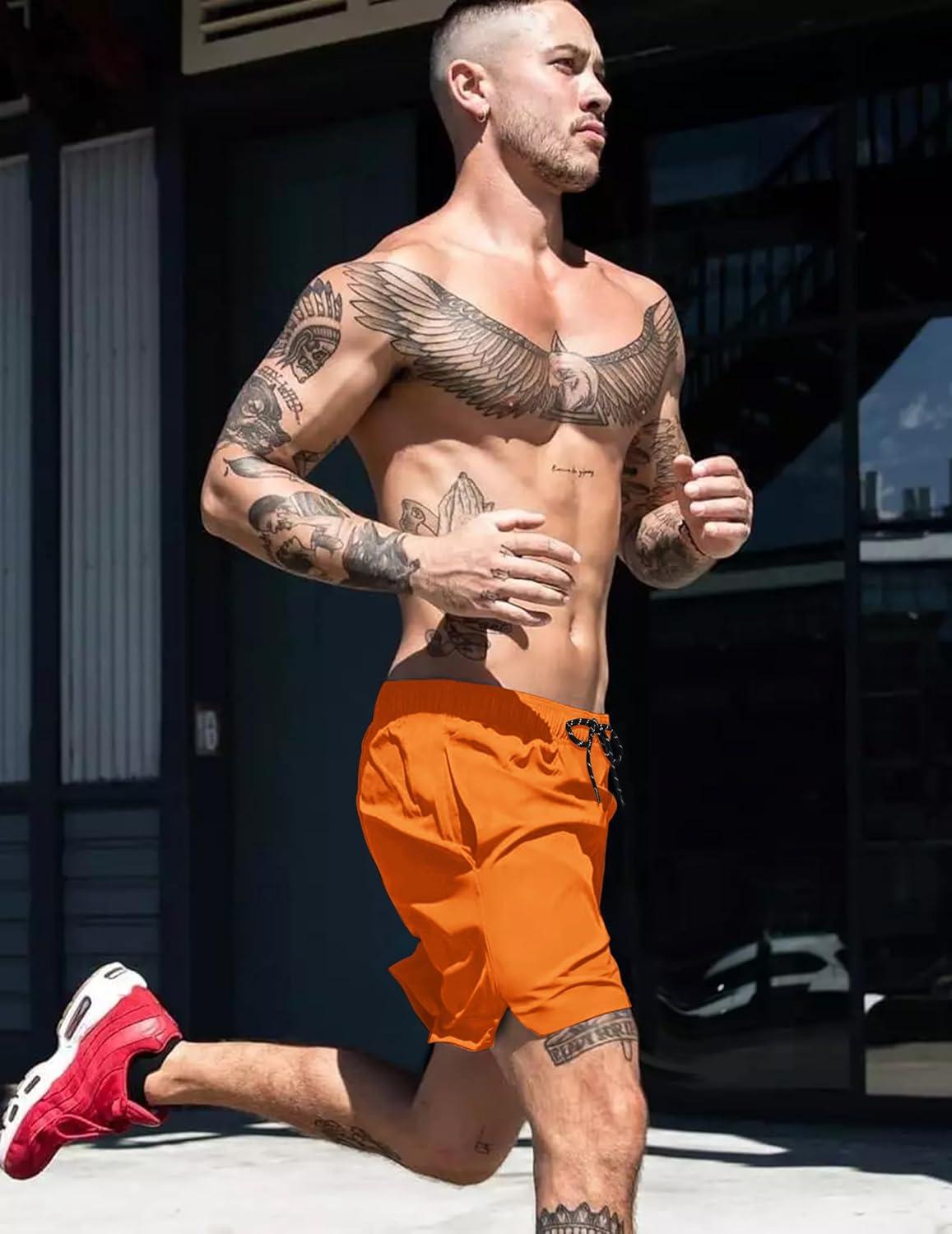 imageCOOFANDY Men Swim Trunk with Compression Liner 2 in 1 Swimwear Bathing Suit Quick Dry Board ShortRed Orange