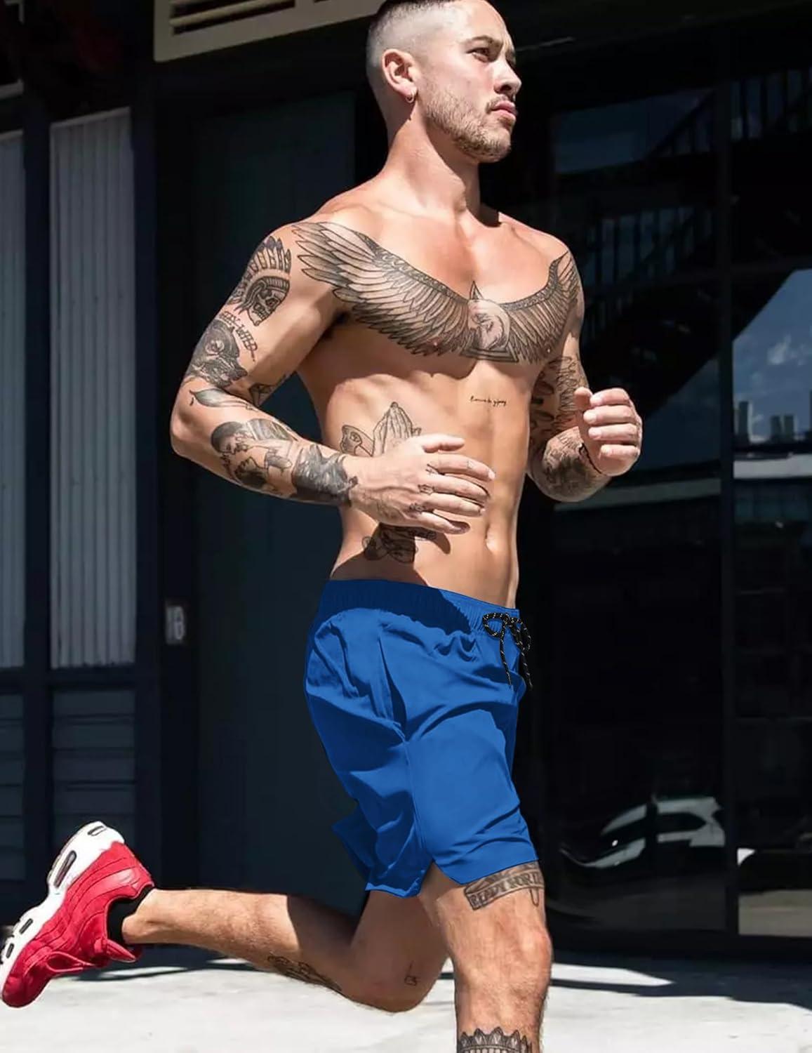 imageCOOFANDY Men Swim Trunk with Compression Liner 2 in 1 Swimwear Bathing Suit Quick Dry Board ShortRoyal Blue