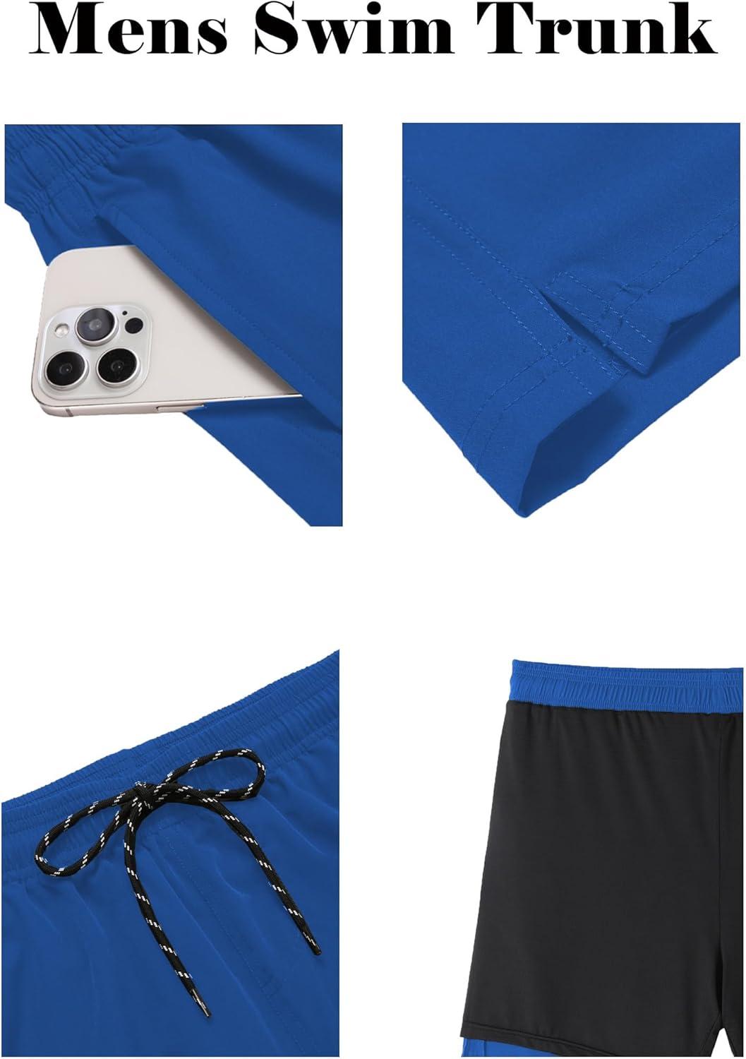 imageCOOFANDY Men Swim Trunk with Compression Liner 2 in 1 Swimwear Bathing Suit Quick Dry Board ShortRoyal Blue