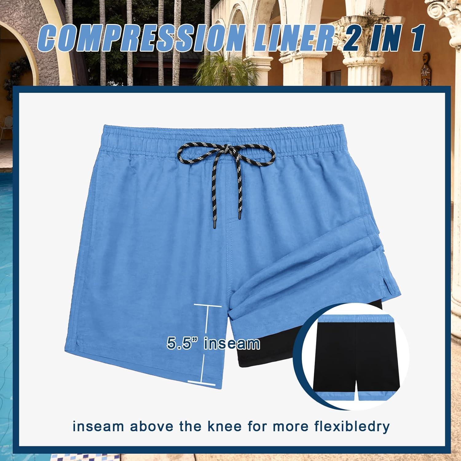 imageCOOFANDY Men Swim Trunk with Compression Liner 2 in 1 Swimwear Bathing Suit Quick Dry Board ShortZ Blue