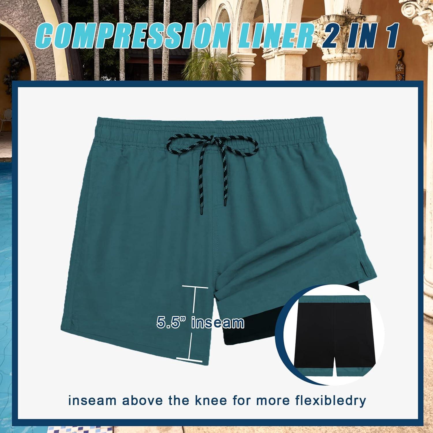 imageCOOFANDY Men Swim Trunk with Compression Liner 2 in 1 Swimwear Bathing Suit Quick Dry Board ShortZ Bluegreen