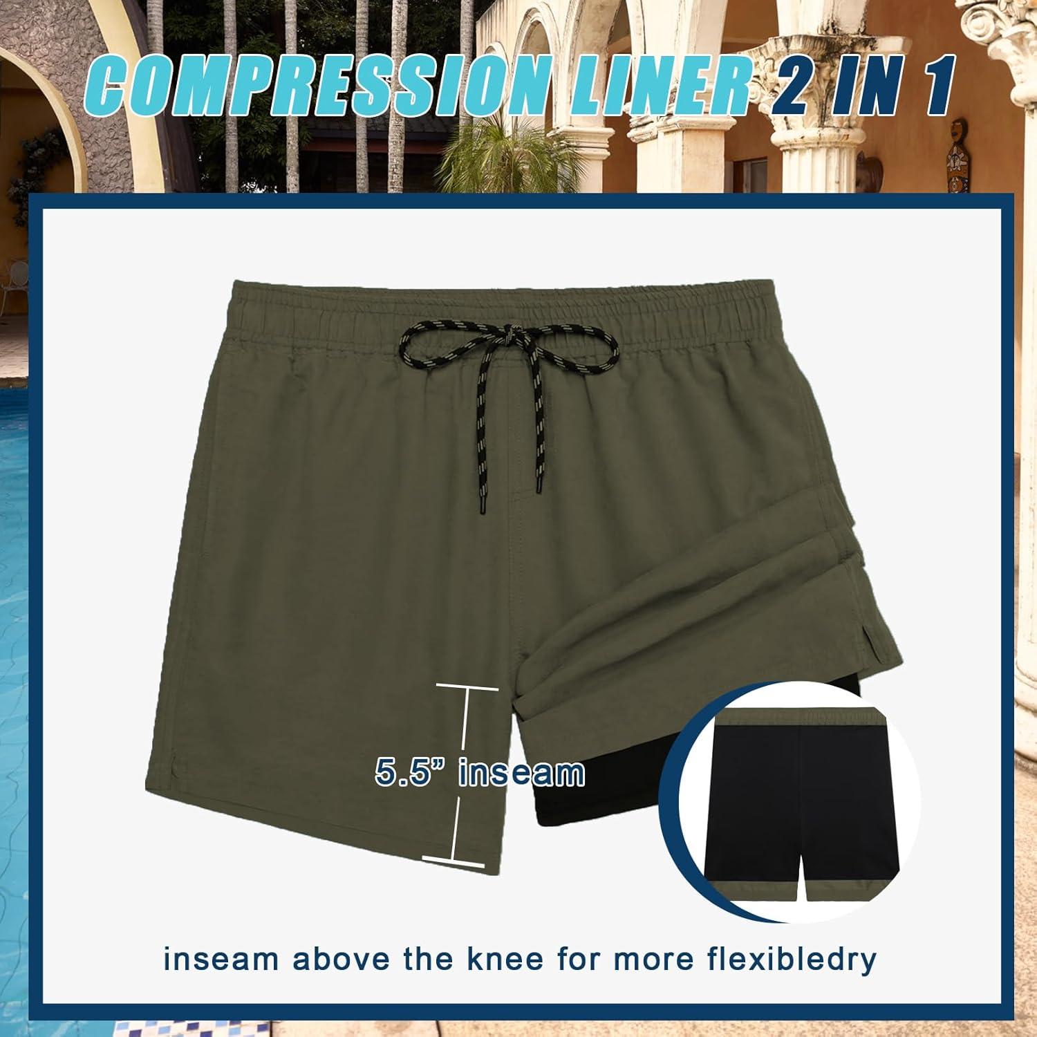 imageCOOFANDY Men Swim Trunk with Compression Liner 2 in 1 Swimwear Bathing Suit Quick Dry Board ShortZ Deep Army Green