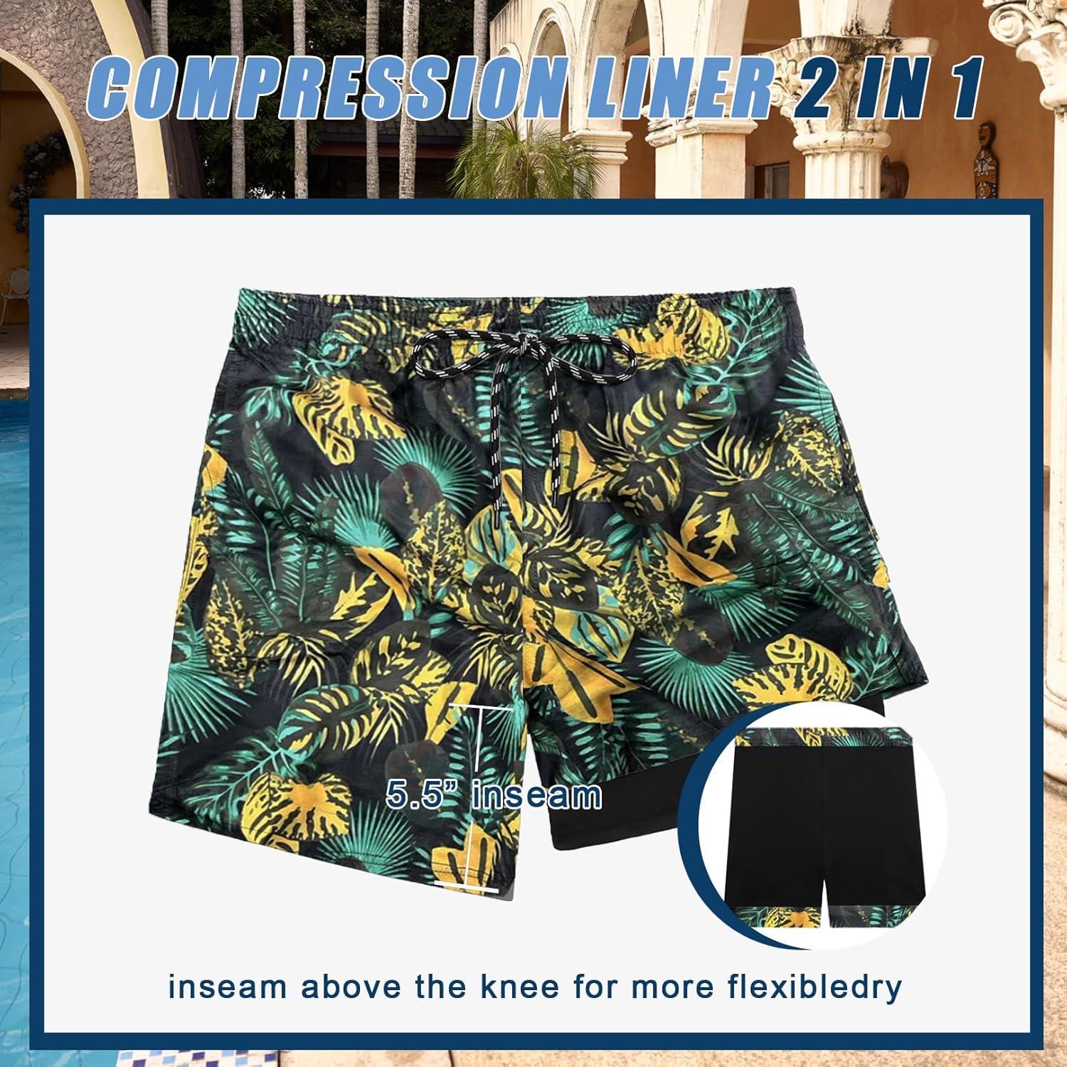 imageCOOFANDY Men Swim Trunk with Compression Liner 2 in 1 Swimwear Bathing Suit Quick Dry Board ShortZ Print Yellow Leaf