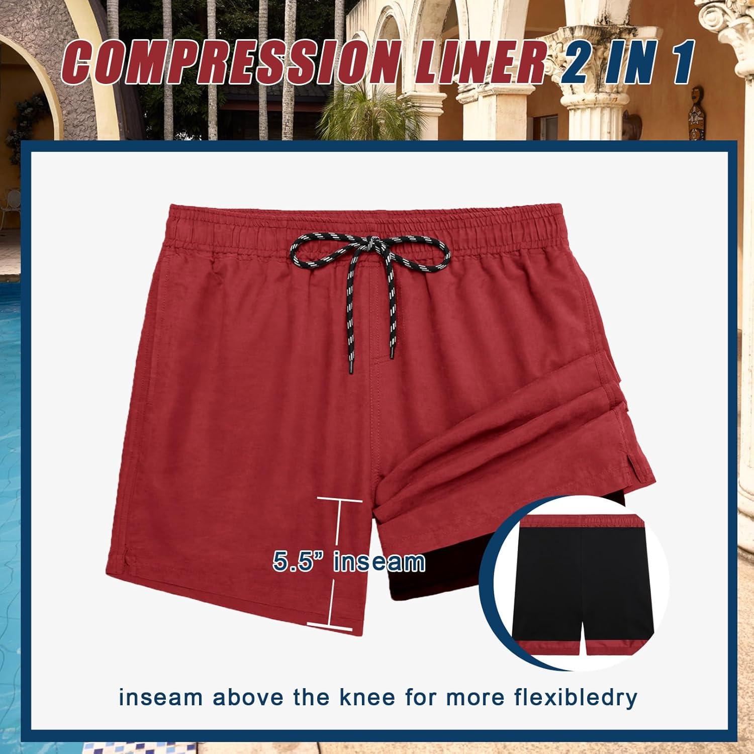 imageCOOFANDY Men Swim Trunk with Compression Liner 2 in 1 Swimwear Bathing Suit Quick Dry Board ShortZ Wine Red
