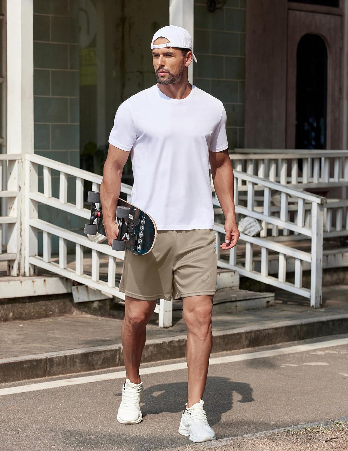 imageCOOFANDY Mens 2 Pack Gym Workout Shorts 5 Inch Mesh Athletic Shorts Quick Dry Running Shorts with PocketsLight Grey Khaki