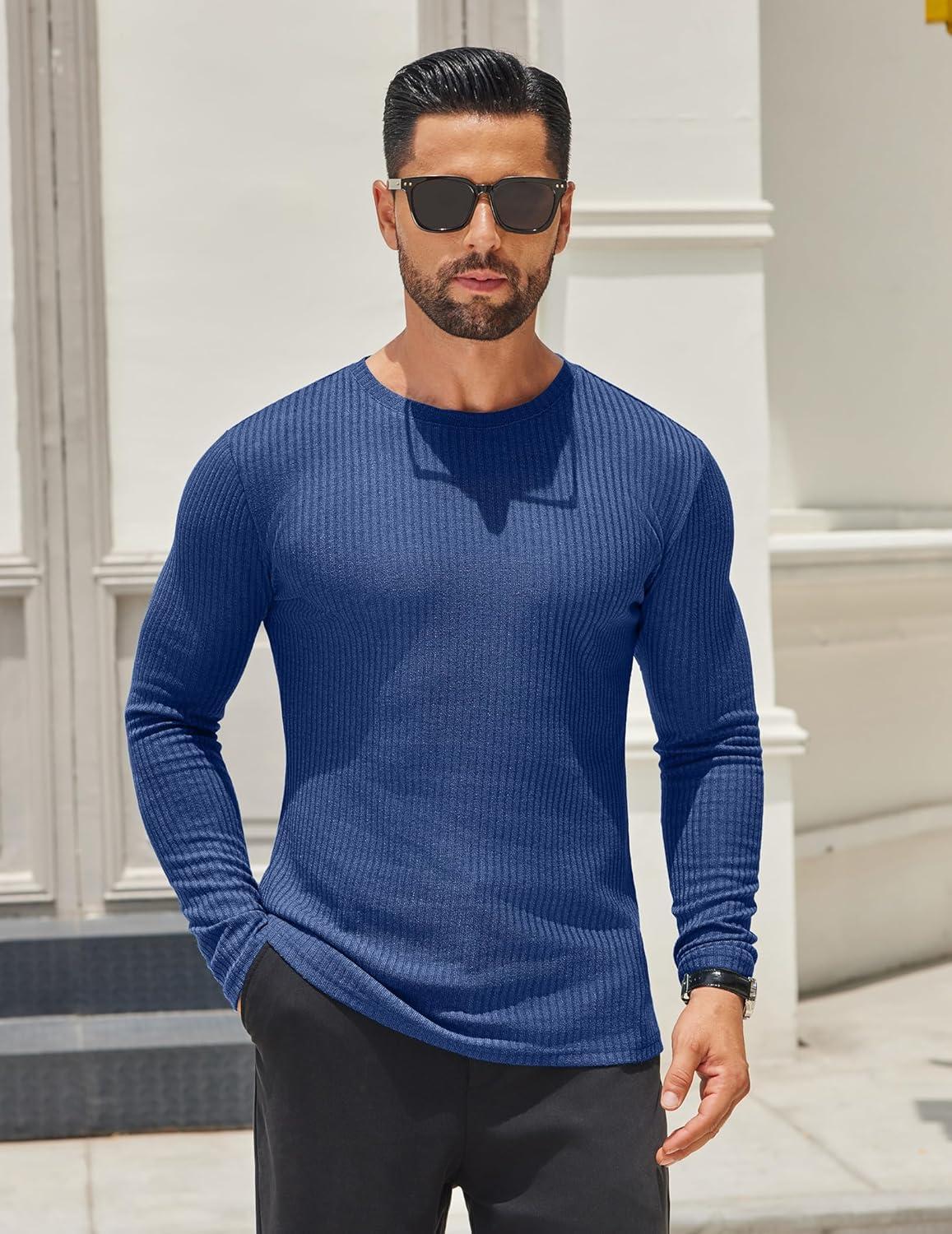 imageCOOFANDY Mens 2 Pack Muscle TShirt Stretch Long Sleeve Gym Workout Bodybuilding Training Tee Shirts Casual Hipster TopsBlackDark Blue