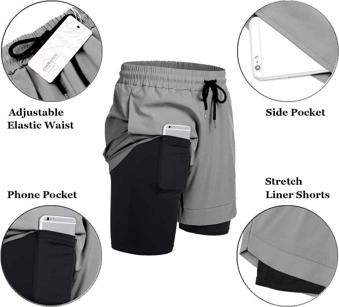 imageCOOFANDY Mens 2 Pack Running Shorts 2 in 1 Workout Shorts Quick Dry Gym Training Athletic Jogger with Phone Pockets2pack Blacklight Grey