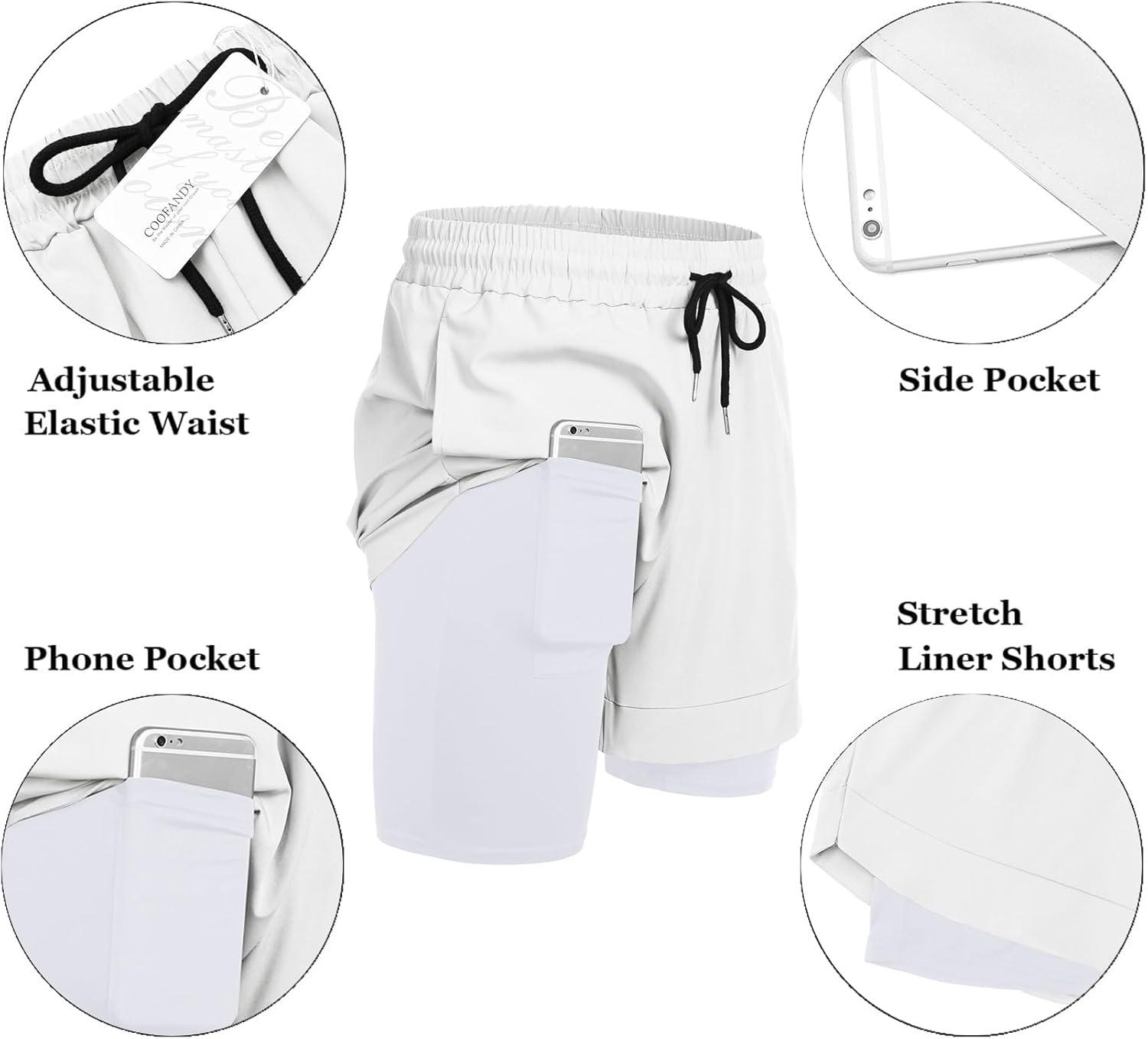 imageCOOFANDY Mens 2 Pack Running Shorts 2 in 1 Workout Shorts Quick Dry Gym Training Athletic Jogger with Phone Pockets2pack Blackwhite