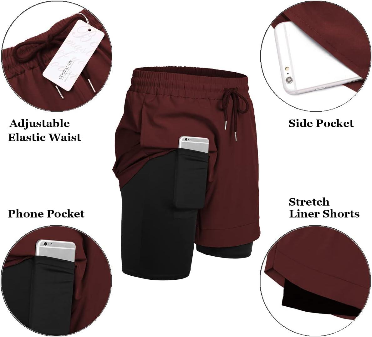 imageCOOFANDY Mens 2 Pack Running Shorts 2 in 1 Workout Shorts Quick Dry Gym Training Athletic Jogger with Phone Pockets2pack Blackwine Red
