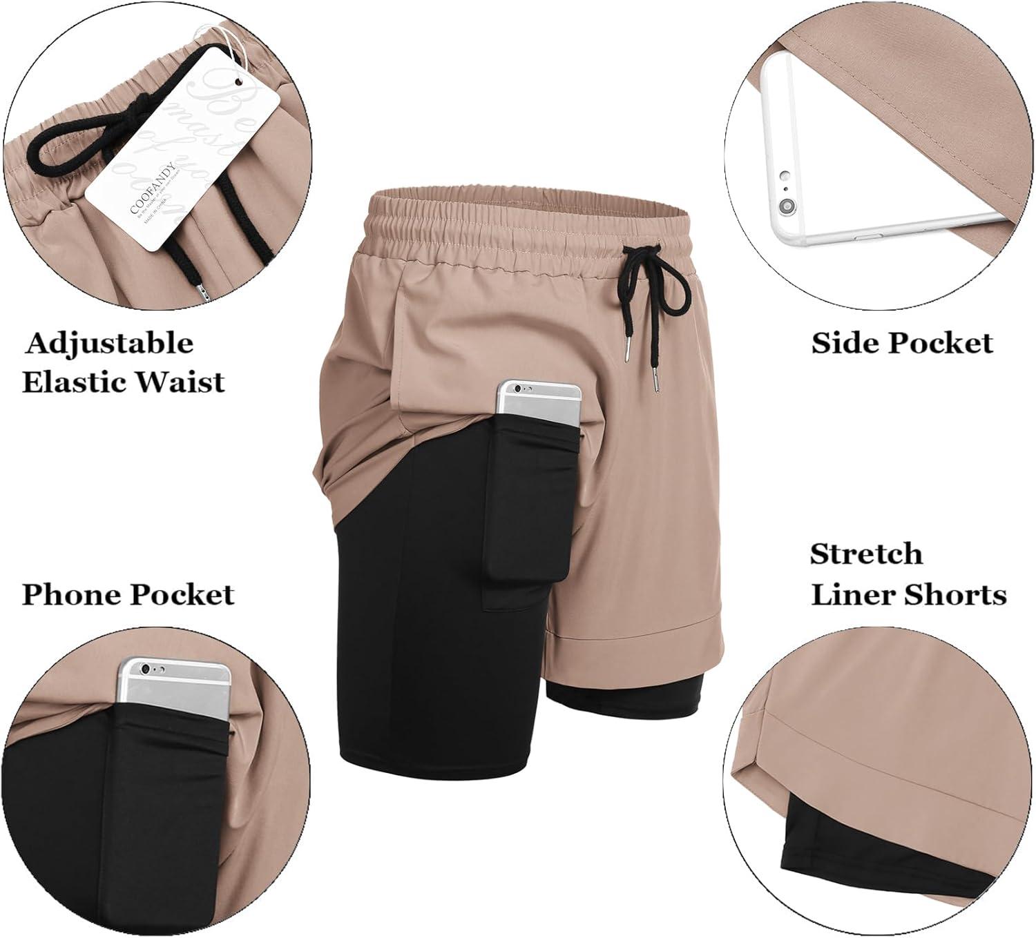 imageCOOFANDY Mens 2 Pack Running Shorts 2 in 1 Workout Shorts Quick Dry Gym Training Athletic Jogger with Phone Pockets2pack Champagne Khakilight Grey