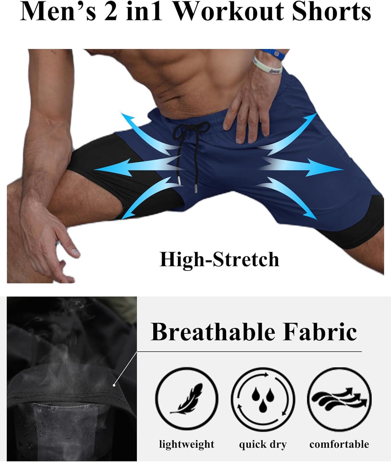 imageCOOFANDY Mens 2 Pack Running Shorts 2 in 1 Workout Shorts Quick Dry Gym Training Athletic Jogger with Phone Pockets2pack Dark Greyblue