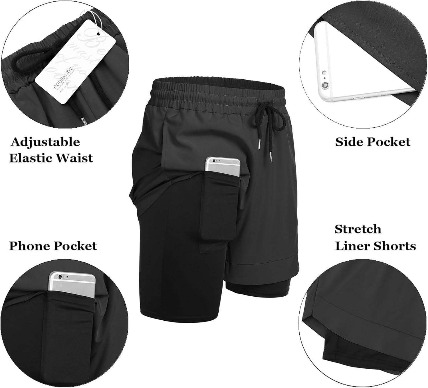 imageCOOFANDY Mens 2 Pack Running Shorts 2 in 1 Workout Shorts Quick Dry Gym Training Athletic Jogger with Phone Pockets2pack Dark Greyblue