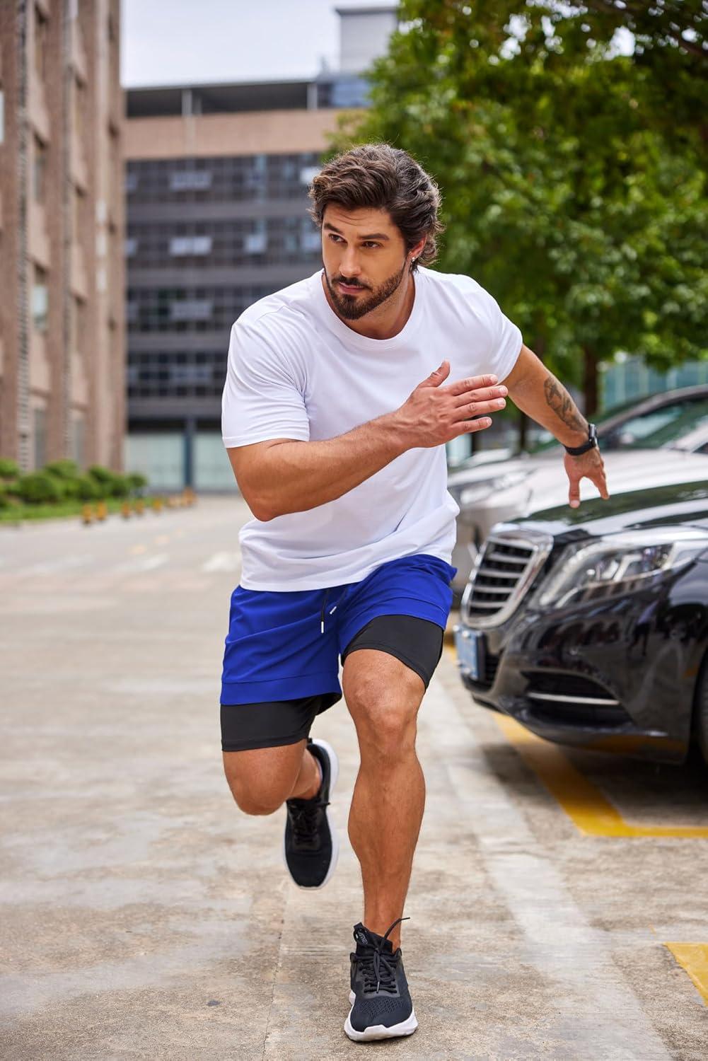 imageCOOFANDY Mens 2 Pack Running Shorts 2 in 1 Workout Shorts Quick Dry Gym Training Athletic Jogger with Phone Pockets2pack Orangeroyal Blue