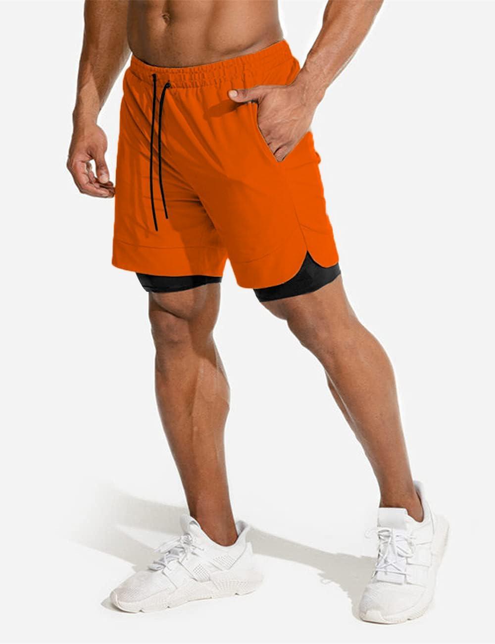 imageCOOFANDY Mens 2 Pack Running Shorts 2 in 1 Workout Shorts Quick Dry Gym Training Athletic Jogger with Phone Pockets2pack Orangeroyal Blue