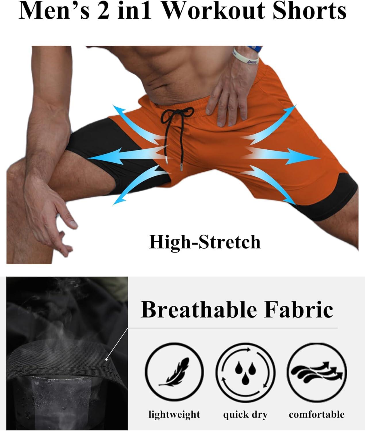 imageCOOFANDY Mens 2 Pack Running Shorts 2 in 1 Workout Shorts Quick Dry Gym Training Athletic Jogger with Phone Pockets2pack Orangeroyal Blue