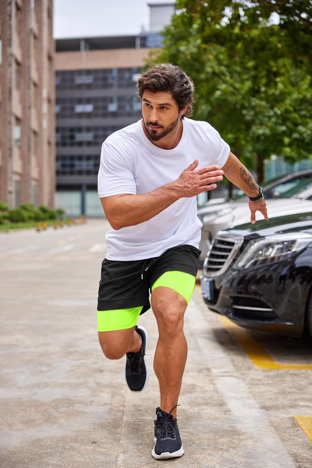 imageCOOFANDY Mens 2 Pack Running Shorts 2 in 1 Workout Shorts Quick Dry Gym Training Athletic Jogger with Phone Pockets2packblackfluorescentnavy Blue