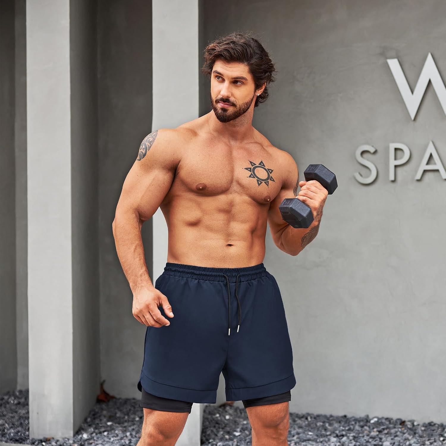 imageCOOFANDY Mens 2 Pack Running Shorts 2 in 1 Workout Shorts Quick Dry Gym Training Athletic Jogger with Phone Pockets2packblackfluorescentnavy Blue