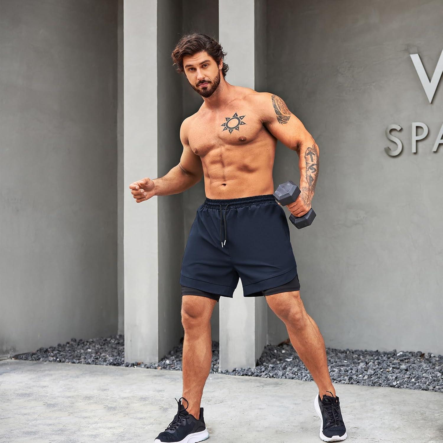 imageCOOFANDY Mens 2 Pack Running Shorts 2 in 1 Workout Shorts Quick Dry Gym Training Athletic Jogger with Phone Pockets2packblackfluorescentnavy Blue