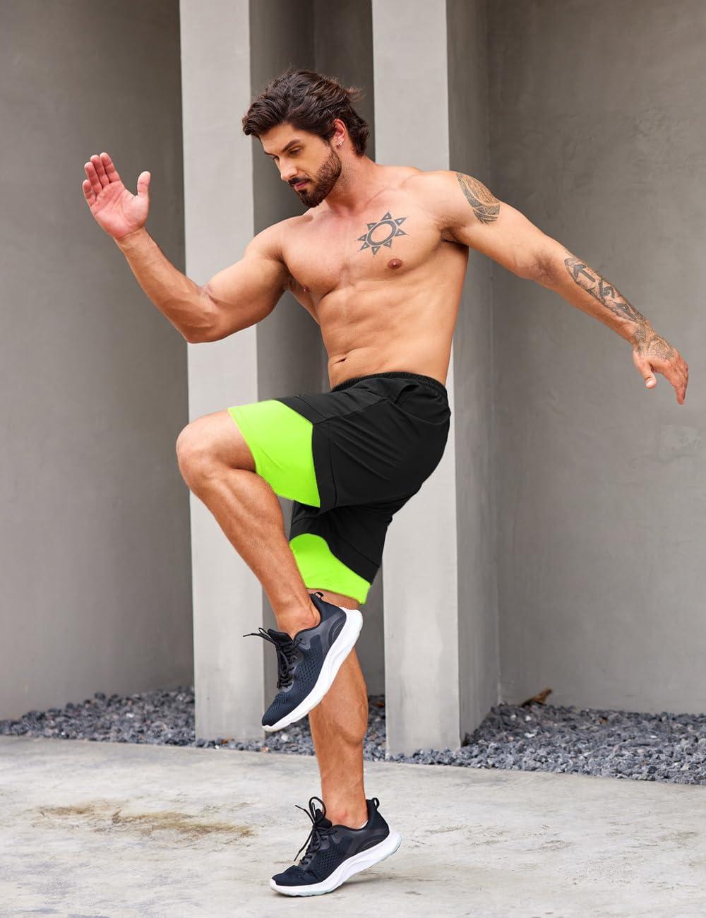 imageCOOFANDY Mens 2 Pack Running Shorts 2 in 1 Workout Shorts Quick Dry Gym Training Athletic Jogger with Phone Pockets2packblackfluorescentnavy Blue