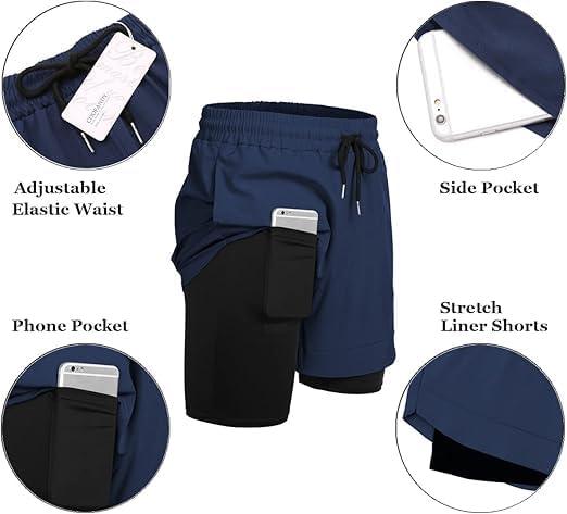 imageCOOFANDY Mens 2 Pack Running Shorts 2 in 1 Workout Shorts Quick Dry Gym Training Athletic Jogger with Phone Pockets2packlight Greynavy Blue