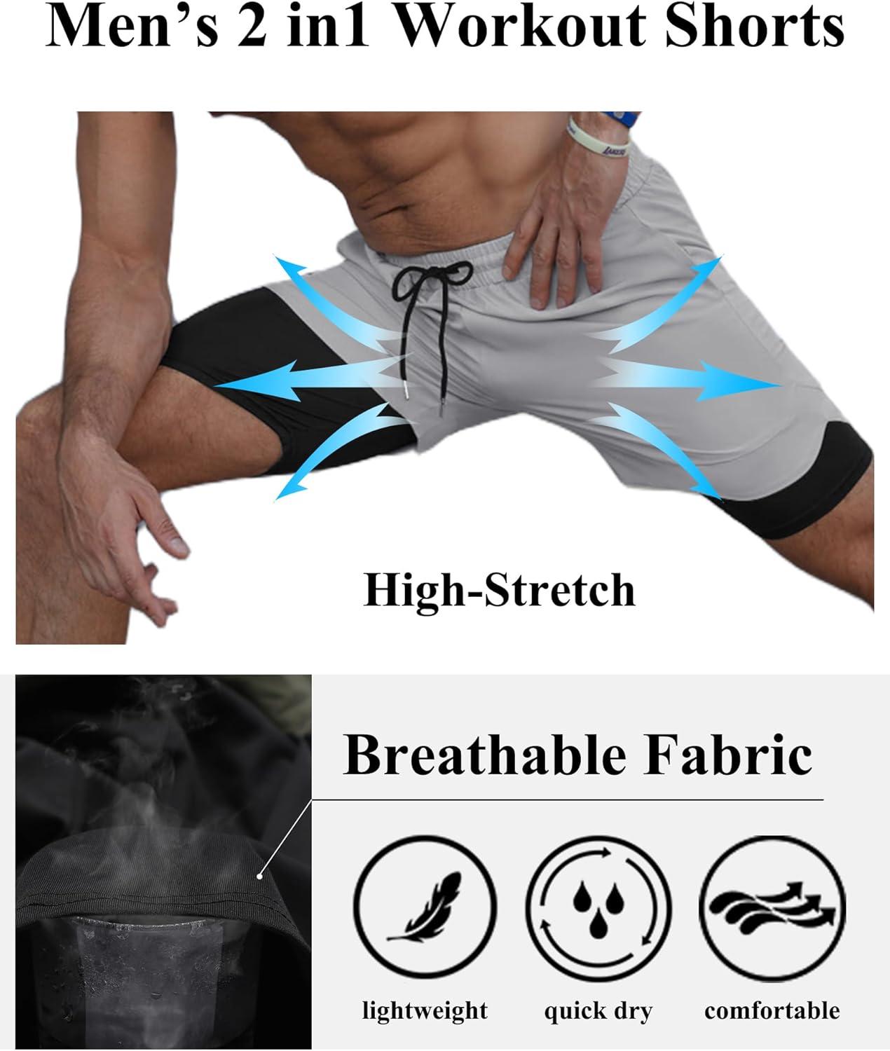 imageCOOFANDY Mens 2 Pack Running Shorts 2 in 1 Workout Shorts Quick Dry Gym Training Athletic Jogger with Phone Pockets2packlight Greynavy Blue