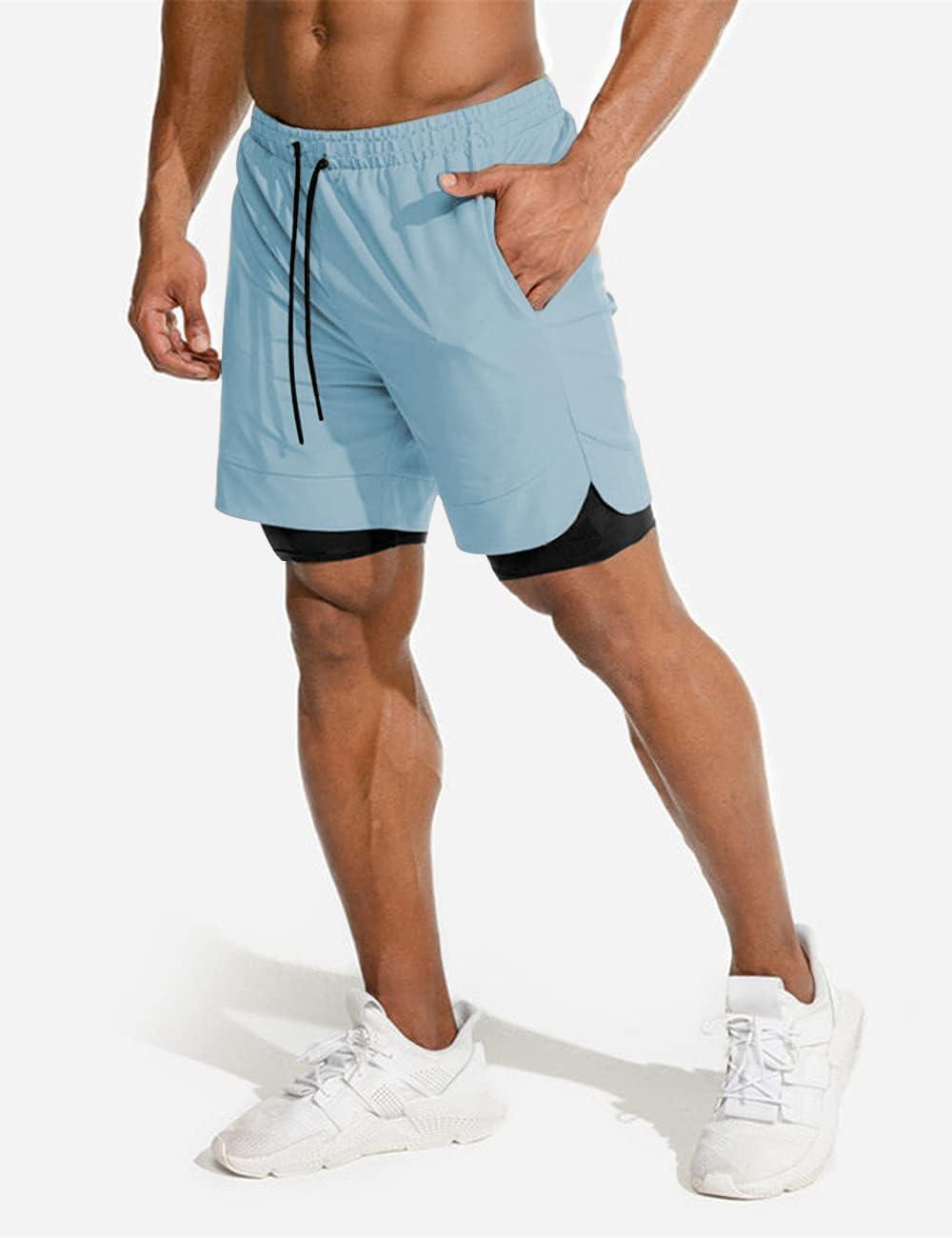 imageCOOFANDY Mens 2 Pack Running Shorts 2 in 1 Workout Shorts Quick Dry Gym Training Athletic Jogger with Phone Pockets2packsky Bluedark Grey