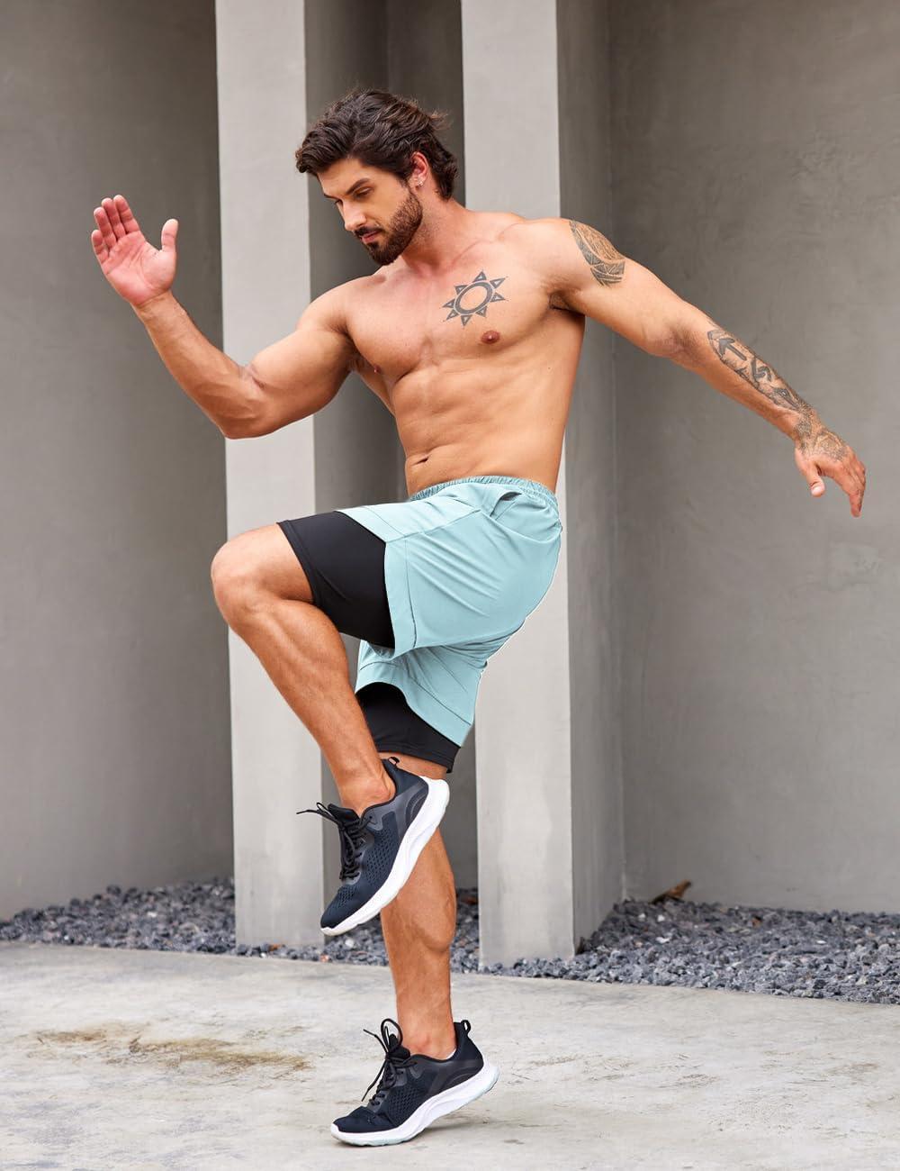 imageCOOFANDY Mens 2 Pack Running Shorts 2 in 1 Workout Shorts Quick Dry Gym Training Athletic Jogger with Phone Pockets2packsky Bluedark Grey