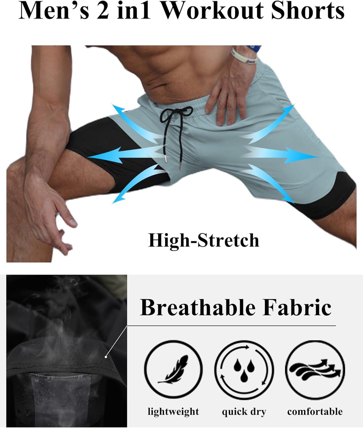 imageCOOFANDY Mens 2 Pack Running Shorts 2 in 1 Workout Shorts Quick Dry Gym Training Athletic Jogger with Phone Pockets2packsky Bluedark Grey