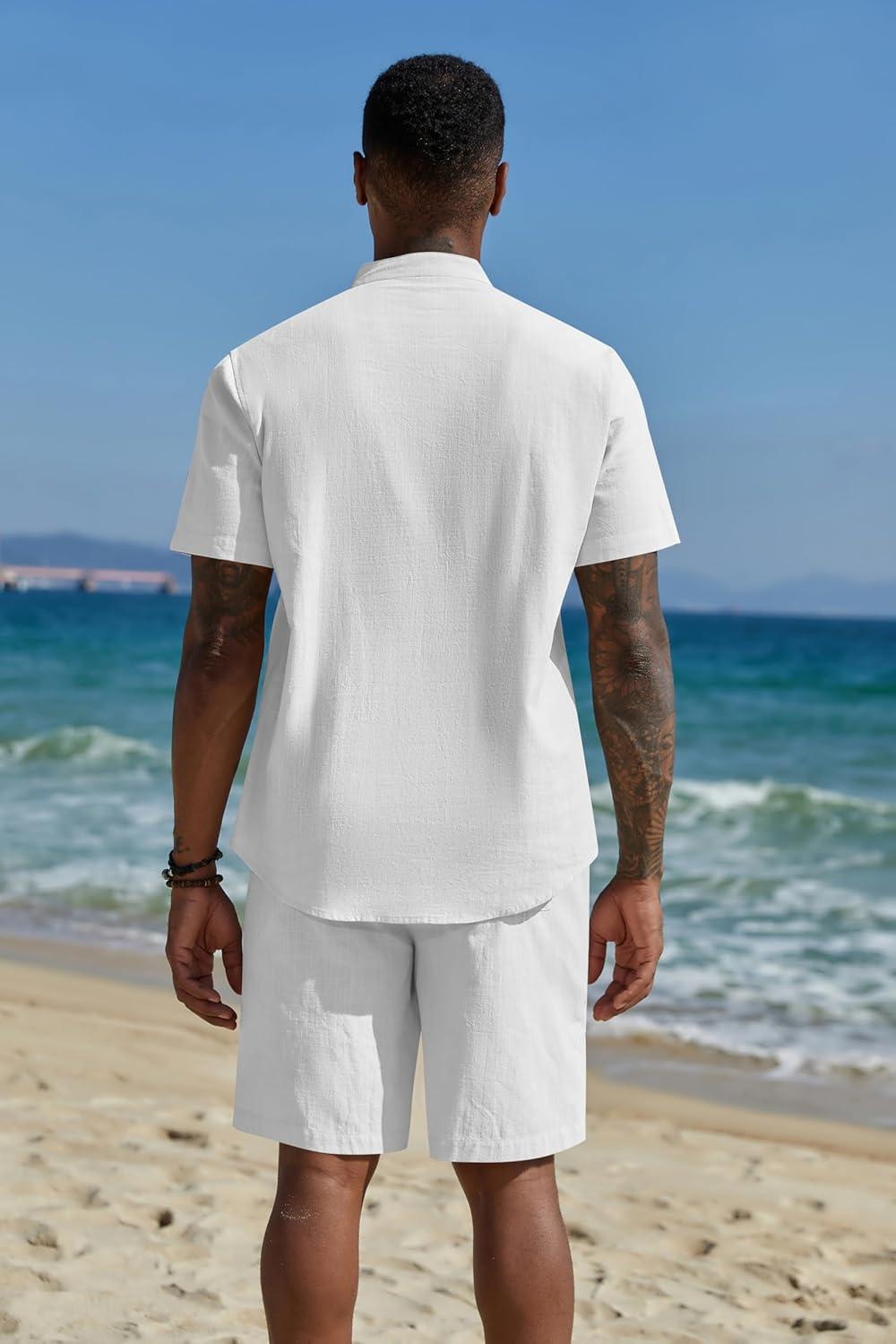 imageCOOFANDY Mens 2 Piece Cotton Linen Sets Summer Beach Outfits Casual Short Sleeve Henley Shirts and Vacation ShortsAll White