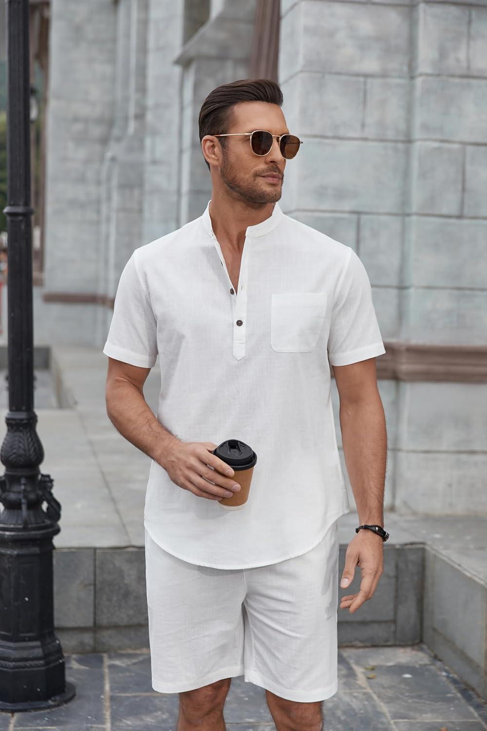 imageCOOFANDY Mens 2 Piece Cotton Linen Sets Summer Beach Outfits Casual Short Sleeve Henley Shirts and Vacation ShortsAll White