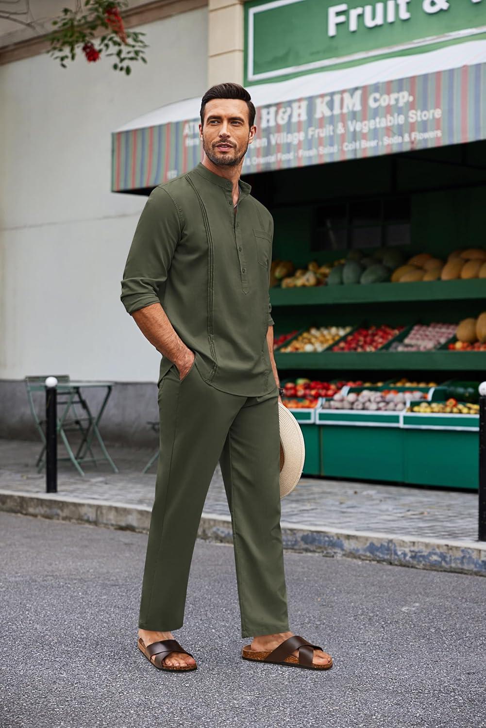 imageCOOFANDY Mens 2 Piece Cotton Sets Casual Long Sleeve Cuban Henley Shirt and Loose Pants Set Beach Vacation OutfitsArmy Green