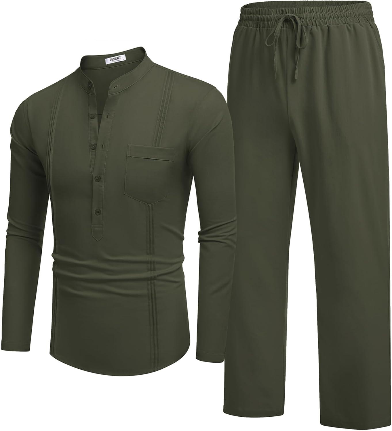 imageCOOFANDY Mens 2 Piece Cotton Sets Casual Long Sleeve Cuban Henley Shirt and Loose Pants Set Beach Vacation OutfitsArmy Green