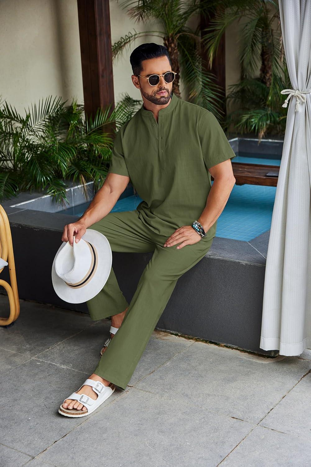 imageCOOFANDY Mens 2 Piece Cotton Sets Casual Short Sleeve Henley Shirts and Beach Pants with Pockets Summer Vacation OutfitsArmy Green