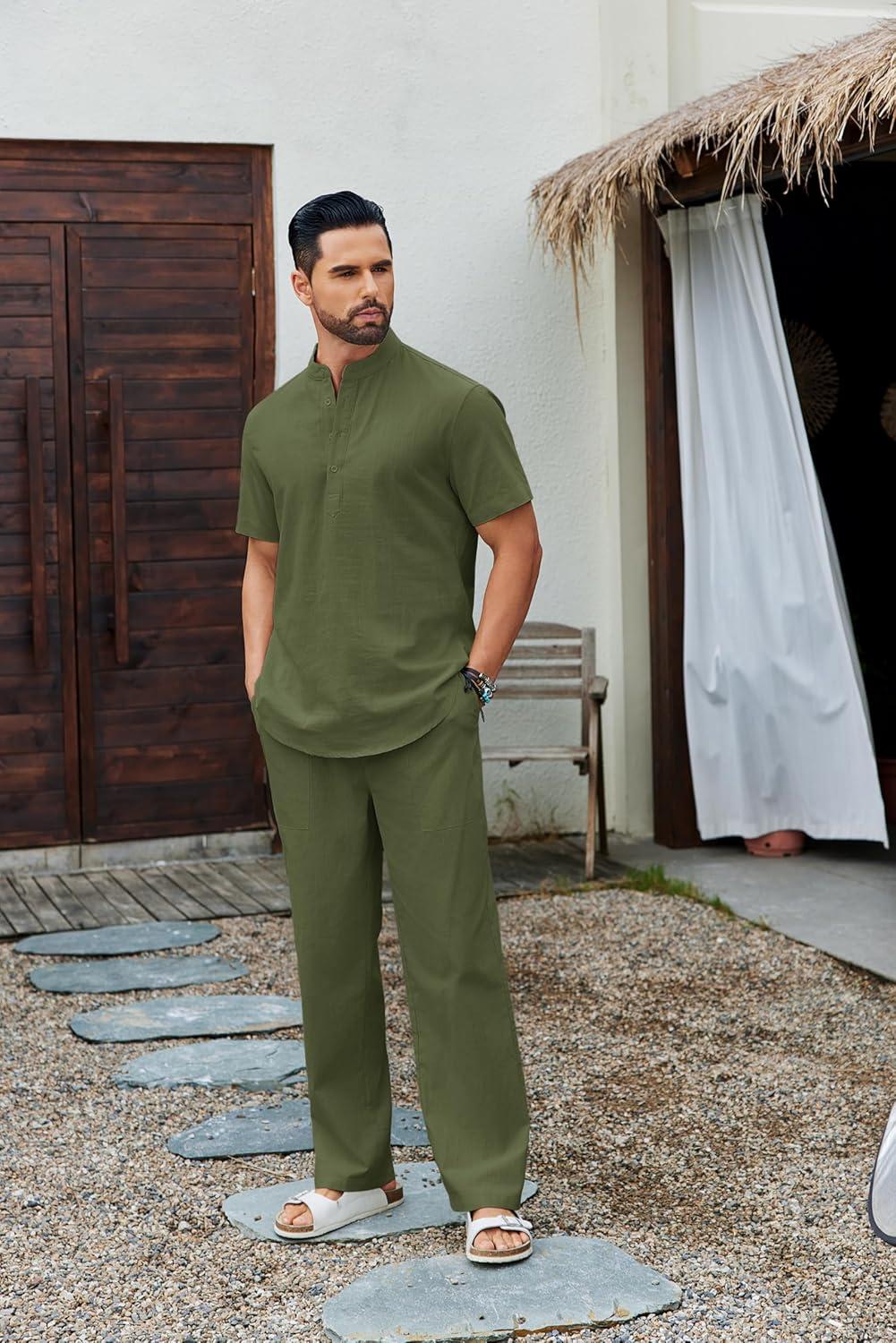 imageCOOFANDY Mens 2 Piece Cotton Sets Casual Short Sleeve Henley Shirts and Beach Pants with Pockets Summer Vacation OutfitsArmy Green