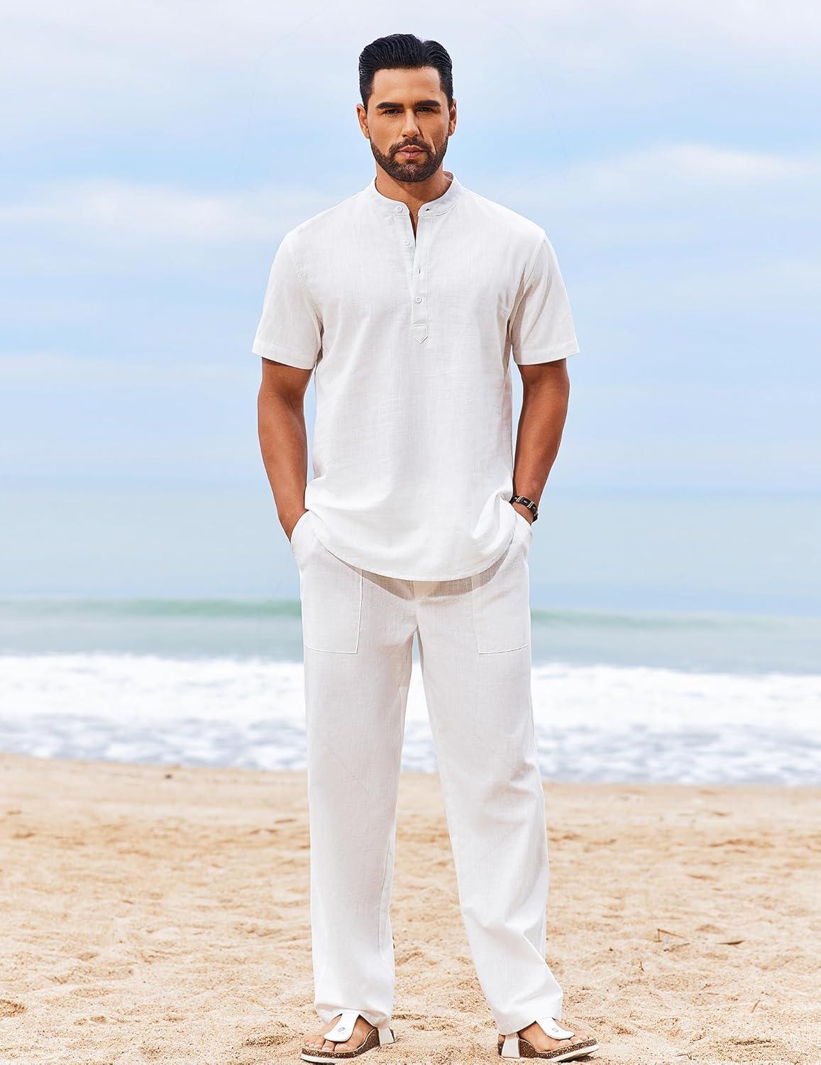 imageCOOFANDY Mens 2 Piece Cotton Sets Casual Short Sleeve Henley Shirts and Beach Pants with Pockets Summer Vacation OutfitsAwhite