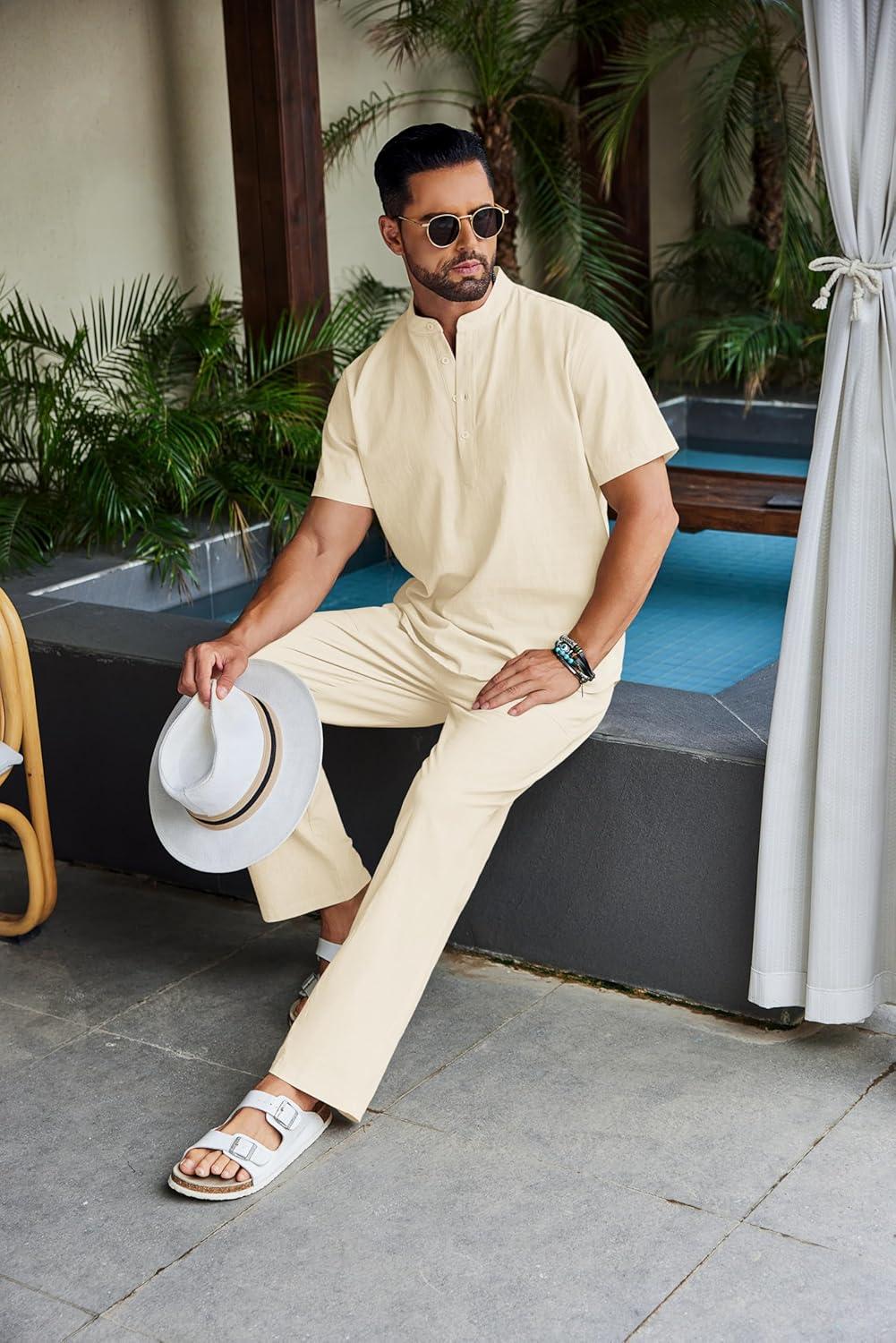 imageCOOFANDY Mens 2 Piece Cotton Sets Casual Short Sleeve Henley Shirts and Beach Pants with Pockets Summer Vacation OutfitsBeige