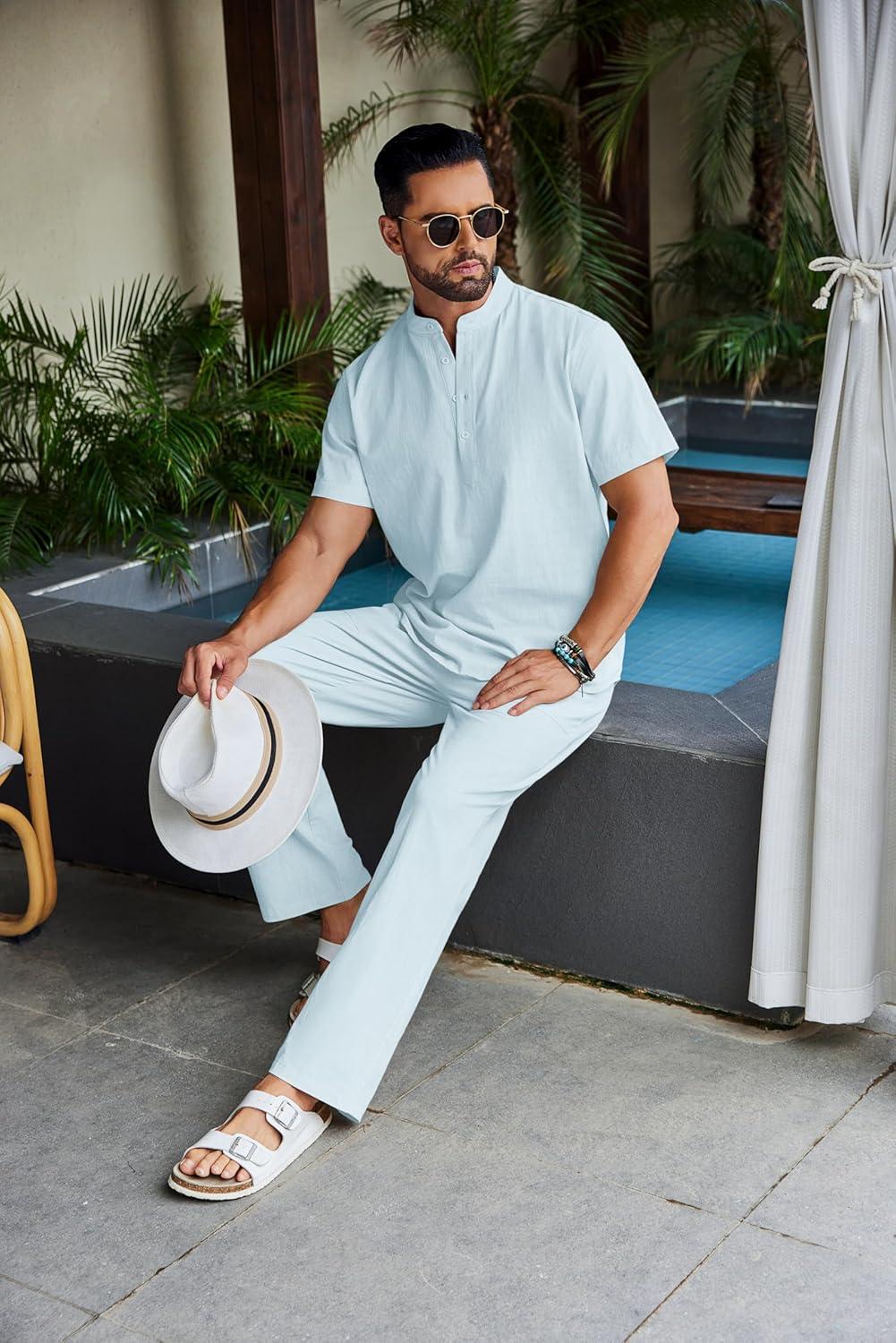 imageCOOFANDY Mens 2 Piece Cotton Sets Casual Short Sleeve Henley Shirts and Beach Pants with Pockets Summer Vacation OutfitsLight Blue