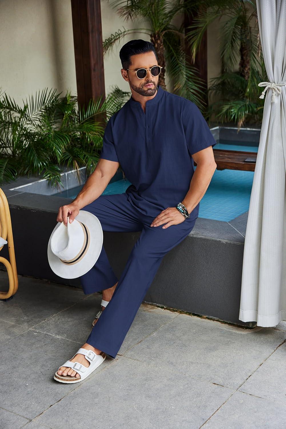 imageCOOFANDY Mens 2 Piece Cotton Sets Casual Short Sleeve Henley Shirts and Beach Pants with Pockets Summer Vacation OutfitsNavy Blue