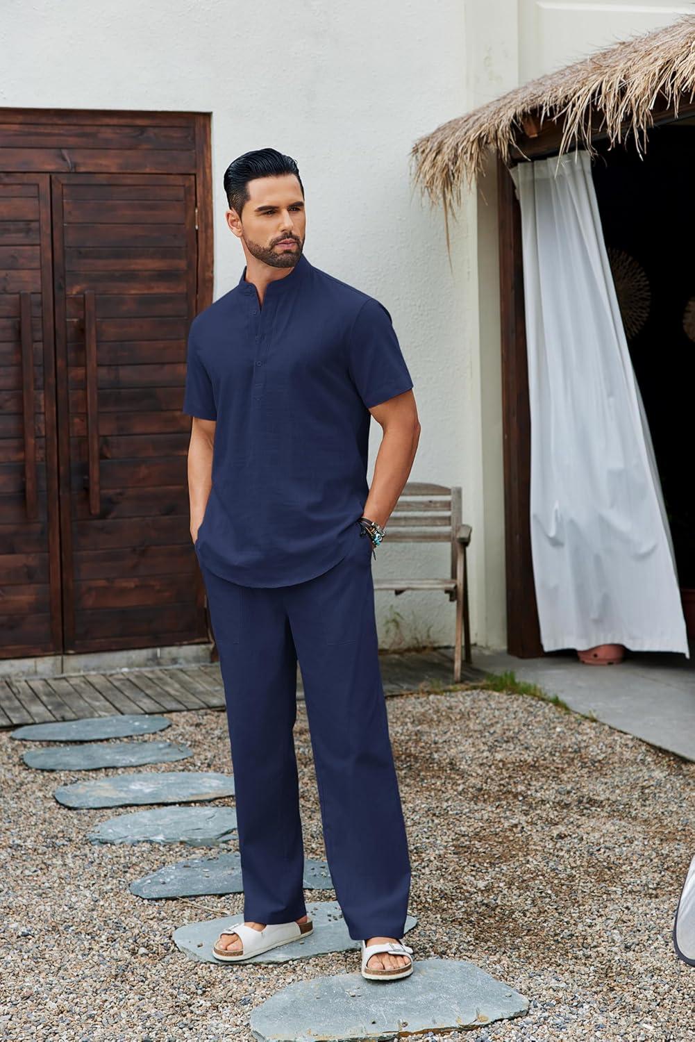 imageCOOFANDY Mens 2 Piece Cotton Sets Casual Short Sleeve Henley Shirts and Beach Pants with Pockets Summer Vacation OutfitsNavy Blue