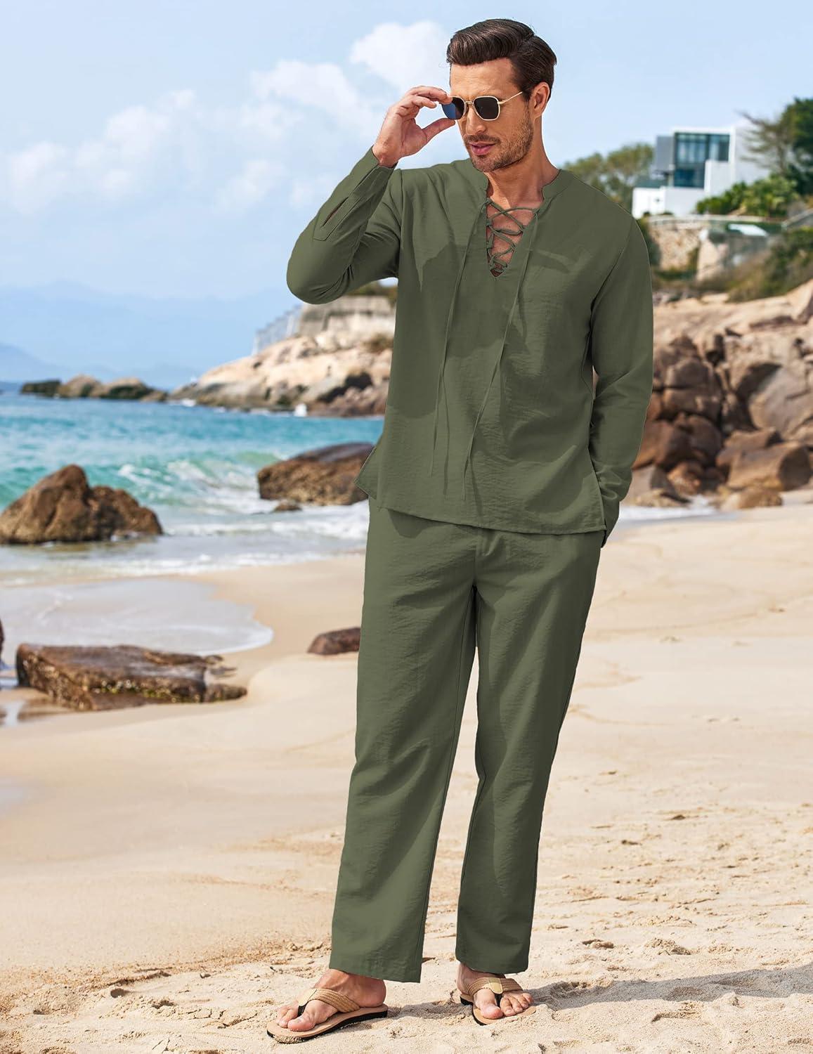 imageCOOFANDY Mens 2 Piece Linen Set Long Sleeve Henley Shirts Casual Beach Pants With Pockets Summer Yoga OutfitsArmy Green