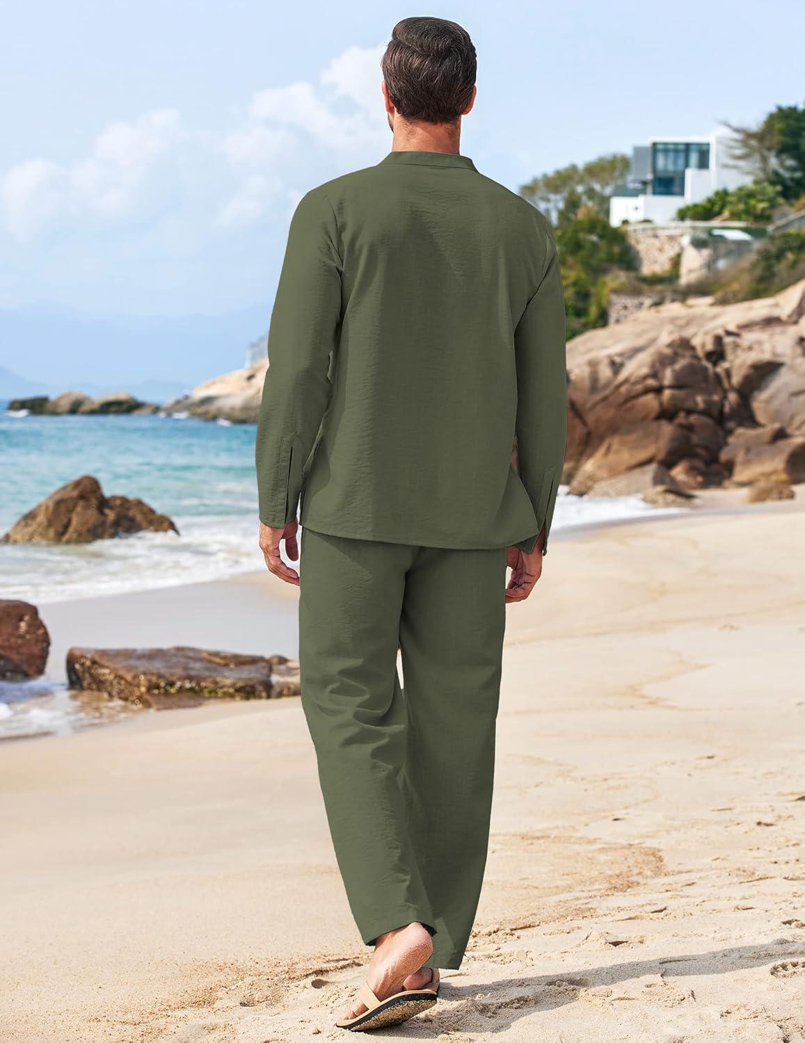 imageCOOFANDY Mens 2 Piece Linen Set Long Sleeve Henley Shirts Casual Beach Pants With Pockets Summer Yoga OutfitsArmy Green