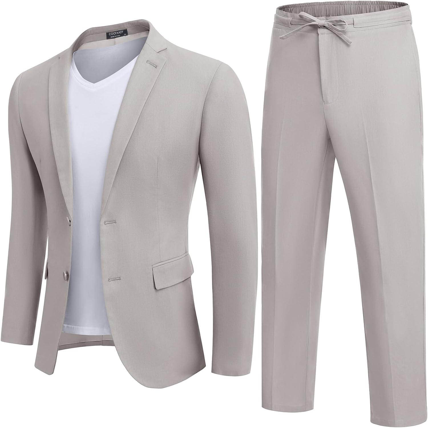 imageCOOFANDY Mens 2 Piece Linen Suits Set Regular Fit Casual Lightweight Blazer Jacket and PantsLight Grey