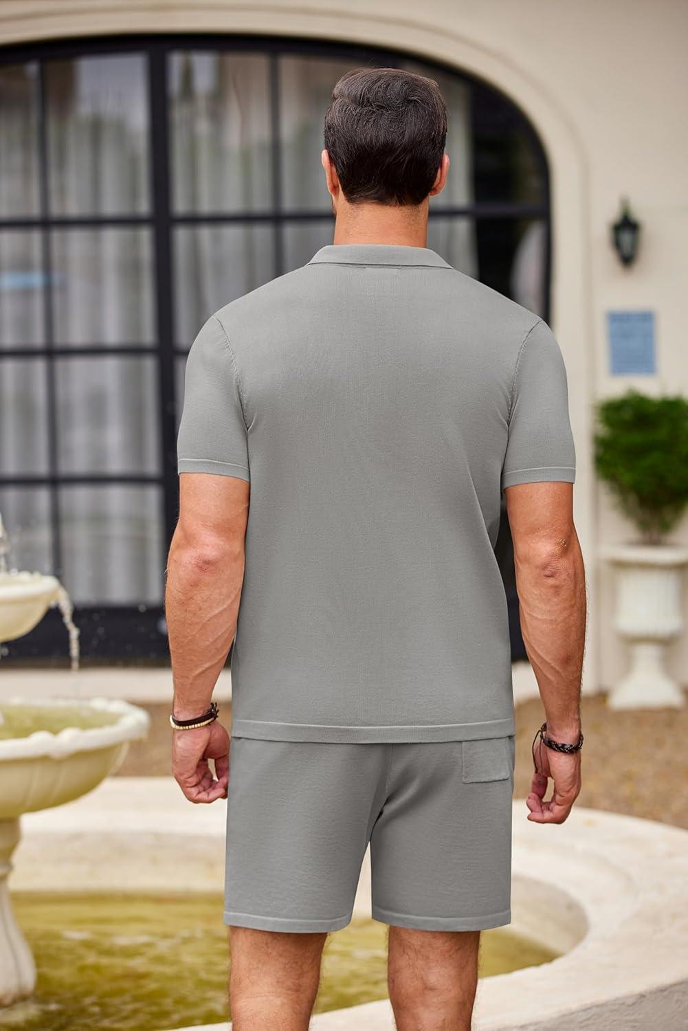 imageCOOFANDY Mens 2 Piece Outfit Vintage Short Sleeve Button Down Knit Polo Shirts Casual Beach Shorts SetsGrey