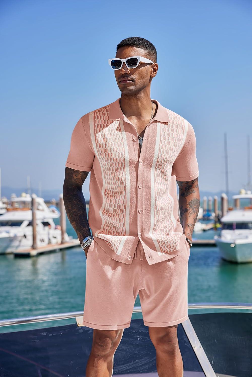 imageCOOFANDY Mens 2 Piece Outfit Vintage Short Sleeve Button Down Knit Polo Shirts Casual Beach Shorts SetsPink