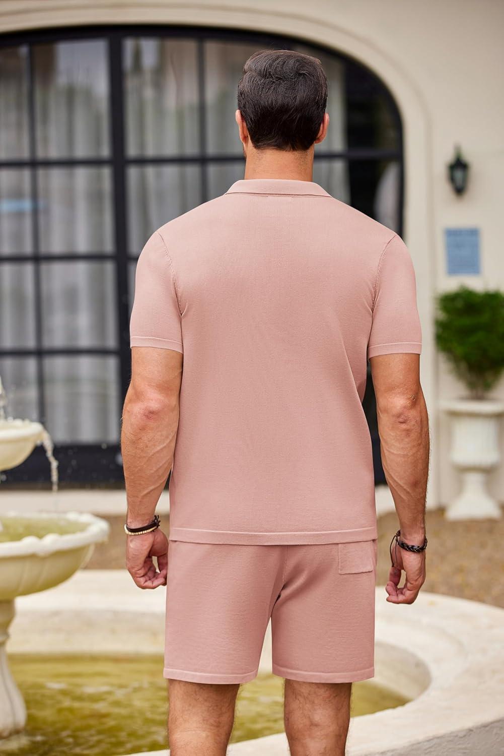 imageCOOFANDY Mens 2 Piece Outfit Vintage Short Sleeve Button Down Knit Polo Shirts Casual Beach Shorts SetsPink